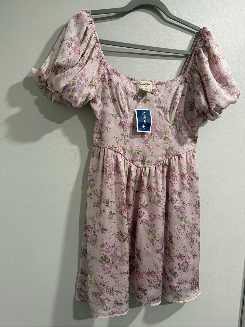 Jessica Simpson Pink Floral Puff-Sleeve Casual Dress